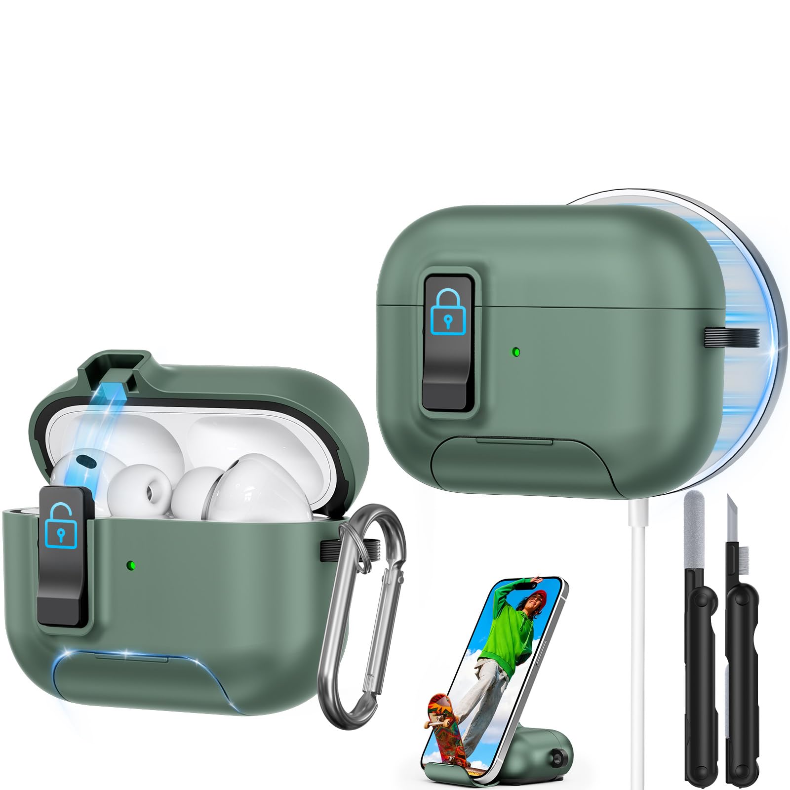 Photo 1 of for AirPods Pro 3 Case 2025, Compatible with Airpods Pro 3rd Generation Case, Safety Lock, Phone Stand, Auto- Pop up, Compatible with MagSafe, Includes Cleaning Kit and Keychain (Green)