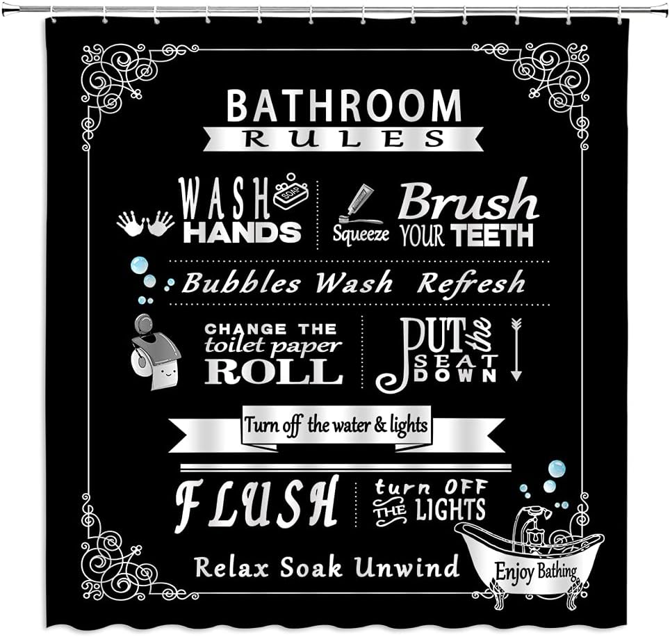BYLLLFIR Bathroom Rules Shower Curtain Farmhouse Toilet Rules Black Backdrop Decor,Fabric Bathroom Set with Hooks 70x70 Inch,Black