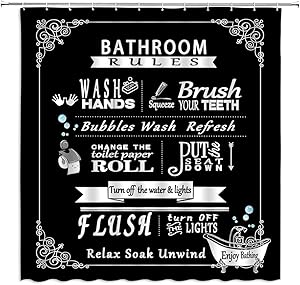 BYLLLFIR Bathroom Rules Shower Curtain Farmhouse Toilet Rules Black Backdrop Decor,Fabric Bathroom Set with Hooks 70x70 Inch,Black