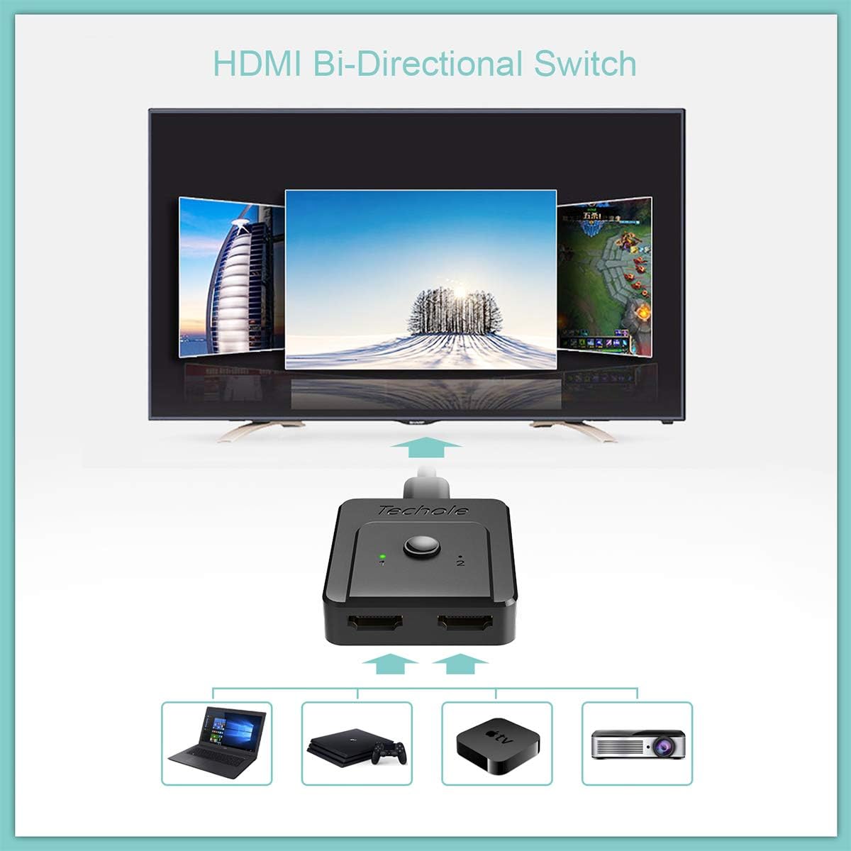HDMI Switch 4K HDMI Splitter-Techole Updated Bi-Directional HDMI Switcher 1 in 2 Out or 2 in 1, HDMI Switch Splitter Supports 4K 3D HD 1080P for Xbox PS4 Fire Stick Roku HDTV(HDMI Cable NOT Include): Home Audio & Theater