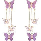 MAQVQLU Purple Butterfly Tassel Earrings for Women Rhinestone Butterfly Earrings Long Butterfly Dangle Earrings Crystal Rhinestone Drop Earrings