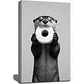 Funny Otter Bathroom Wall Art Decor, Humorous Animal Black and White Canvas Wall Art, Cute Otter Holding Toilet Paper Roll Canvas Artwork Print for Bathroom Toilet Restroom Washroom Wall Decor 12x16''