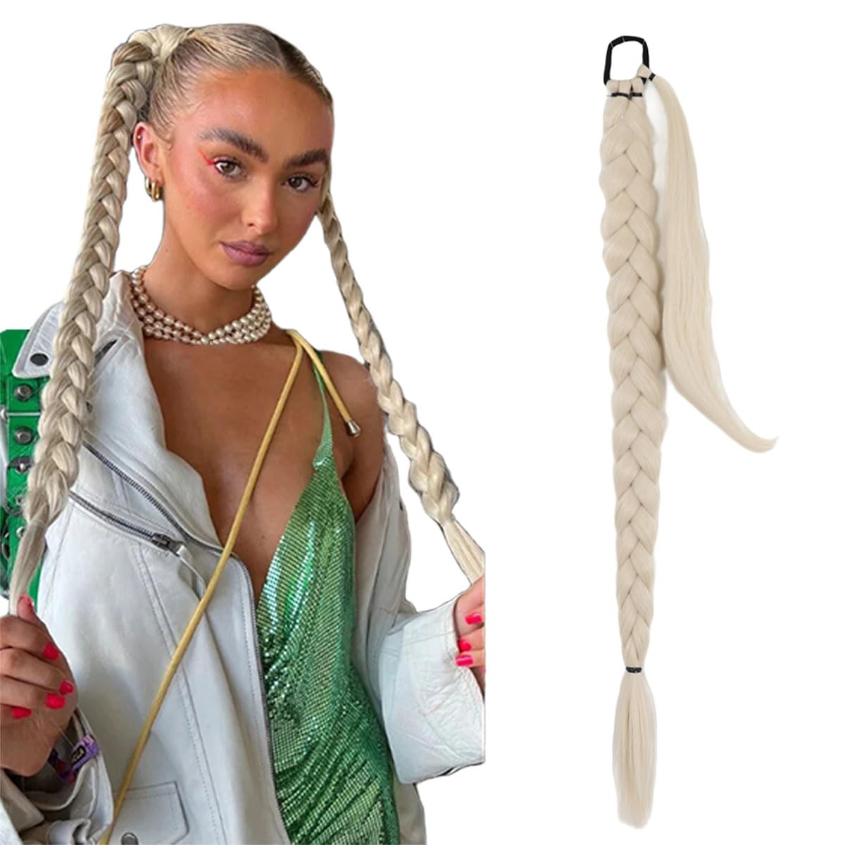 prinfantasy Halo Hair Extension Long DIY Braided Ponytail Extension with Scrunchies Seamless Braid Hair Extensions Pony Tail Soft Synthetic Hairpiece for Women 33 inch Platinum Blond Hairpiece, MW270 โ image 1