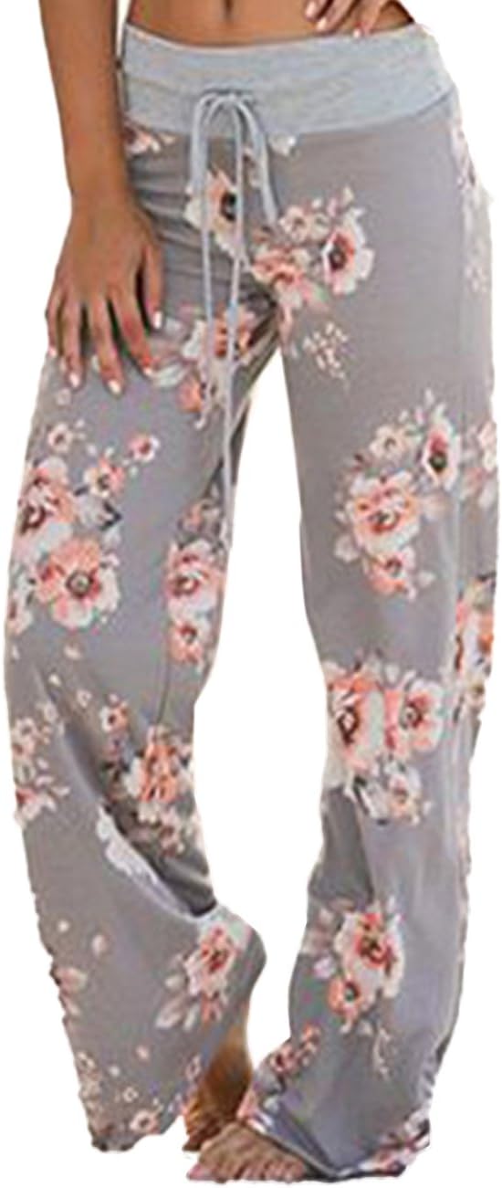 Women's Comfy Stretch Floral Print Drawstring Palazzo Wide Leg Lounge Pant