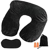 Air-Filled Travel Pillows for Sleeping Airplane Neck Support for Traveling Pillow Inflatable Travel Neck Pillows for Air-Filled Neck Pillow Airplane, with Eye Masks, Earplugs (Black, Adult)