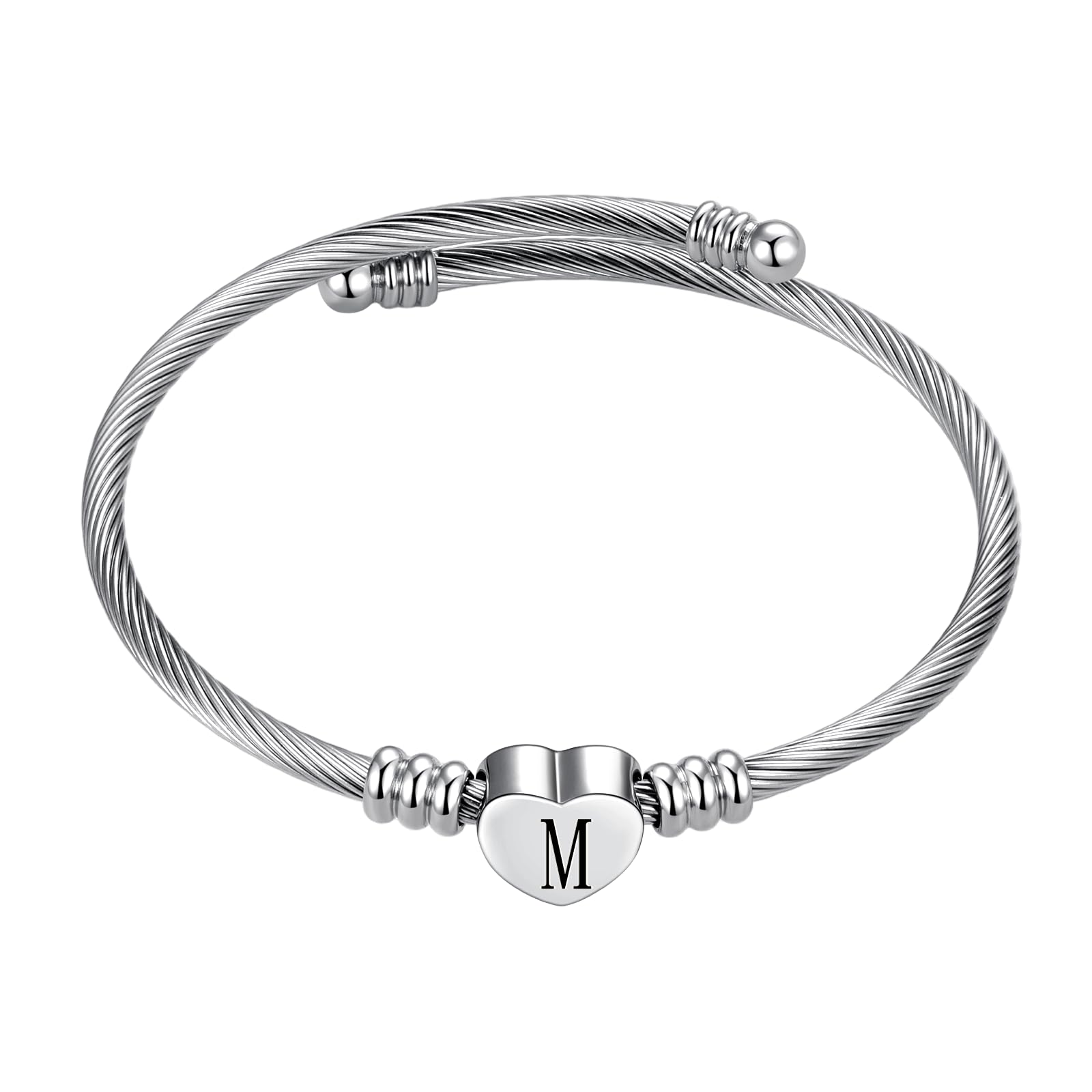 SBI Jewelry Initial Letter Cuff Bracelet Silver Heart Bangle Bracelet M Bracelets Gift for Mum Sister Wife Birthday