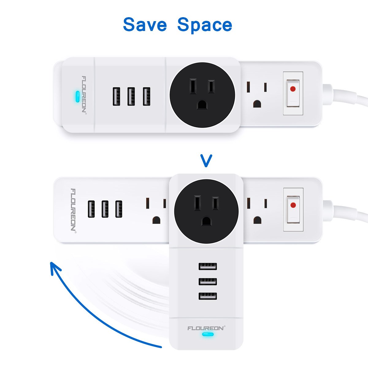 FLOUREON Power Strip USB Phone Charger Portable Travel Wall Charger with Rotate Plug(1 AC Outlet + 3 USB Ports) Charging Station with Smart IC