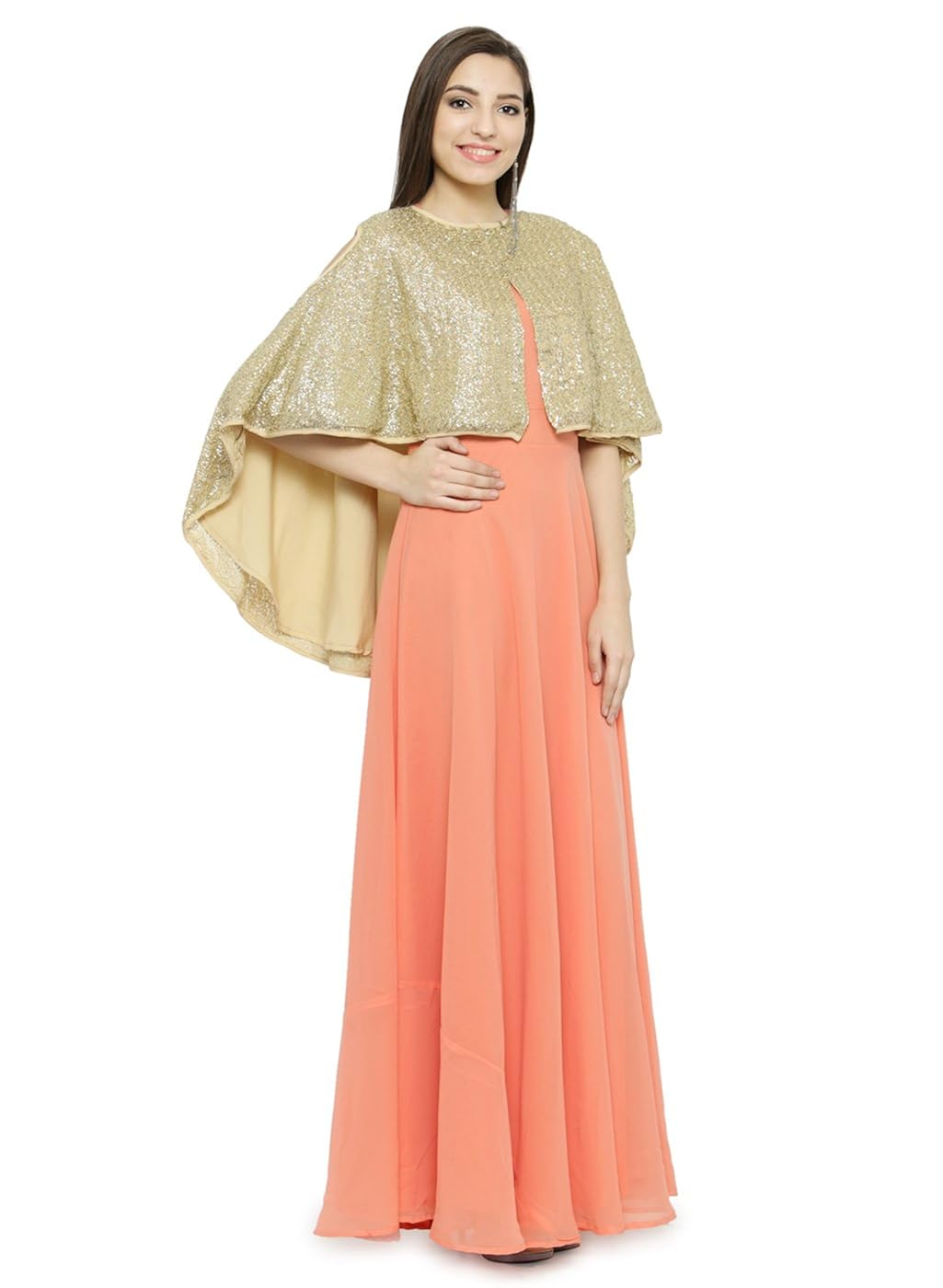 just wow peach & golden poly georgette women's dress