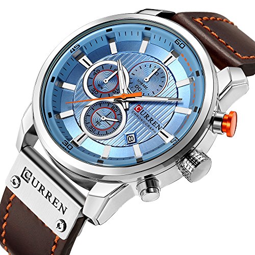 Men Leather Strap Military Watches Men's Chronograph Waterproof Sport Wrist Date Quartz Wristwatch Gifts (Silver Blue)