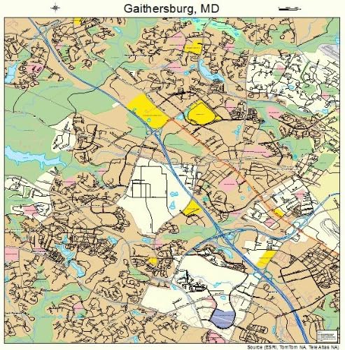 Large Street &amp; Road Map of Gaithersburg, Maryland MD - Printed poster size wall atlas of your home town