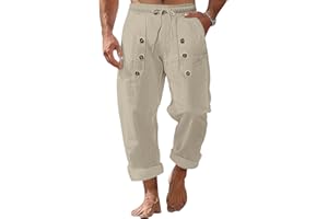 TRFIC Mens Cotton Linen Pants Casual Summer Vacation Baggy Beach Pants Buttoned Drawstring Yoga Trousers with Pockets
