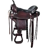 HILASON Hand-Tooled Flex Tree Western Saddle Dark Brown Trail | 4-way flexible tree, full grain harness leather, 28 lbs, 5" cantle, gaited horse, includes cinch straps