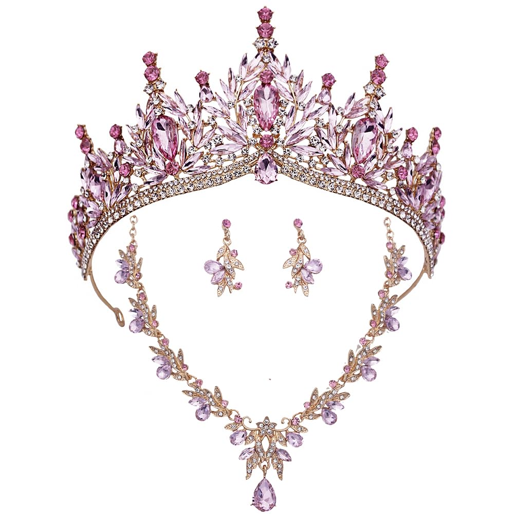 Photo 1 of *****MISSING CROWN AND EARINGS***kanivele Bridal Wedding Crown and Jewelry Sets for Women Tiara and Necklace Earrings Queen Tiaras Crowns With ***MISSING CROWN***Jewelry Sets Princess Crown Set Party Birthday Accessories (Gold Pink)