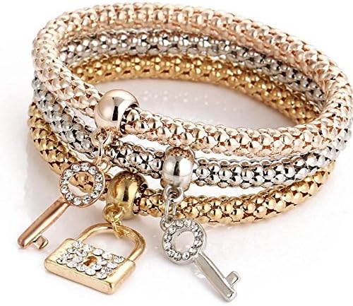 3 PCs Women Men 's Key Lock Crystal Rhinestone Bangle Cocktail Stretch Bracelet