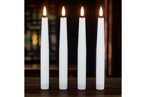 KunSwenn Real Wax Flameless Taper Candles Battery Operated, 8.1” Tall LED Flickering Flameless Candlesticks with 3D Wick, 4 Pcs Electic Candles for Wedding Table Party Decor (White)