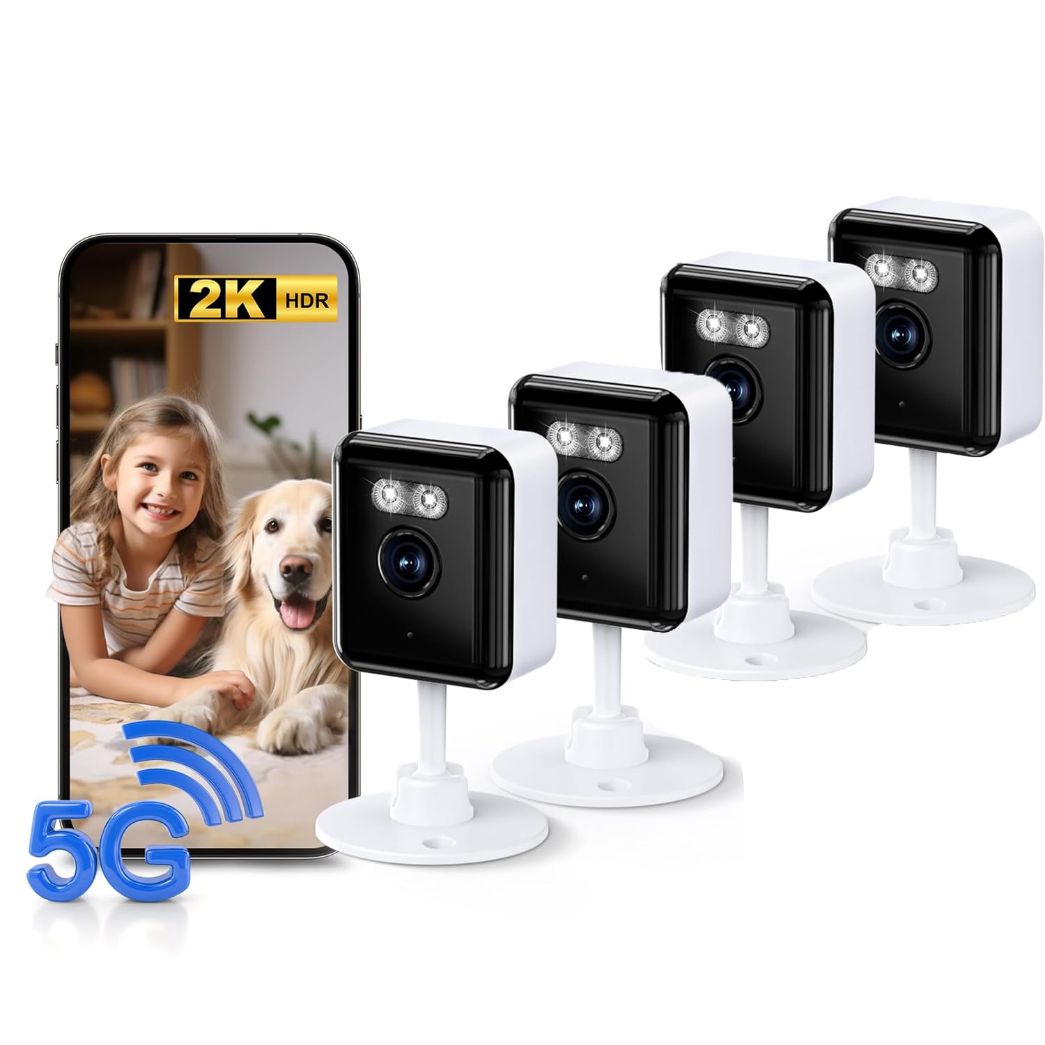 Photo 1 of 2.4/5GHz Home Cameras Indoor, 2K Security Camera Indoor for Dog/Pet/Nanny/Baby with US Phone App, AI Text Recognition, Smart Search, Color Night Vision,2 Way Talk Mini Cam,Human Detection,4 Packs