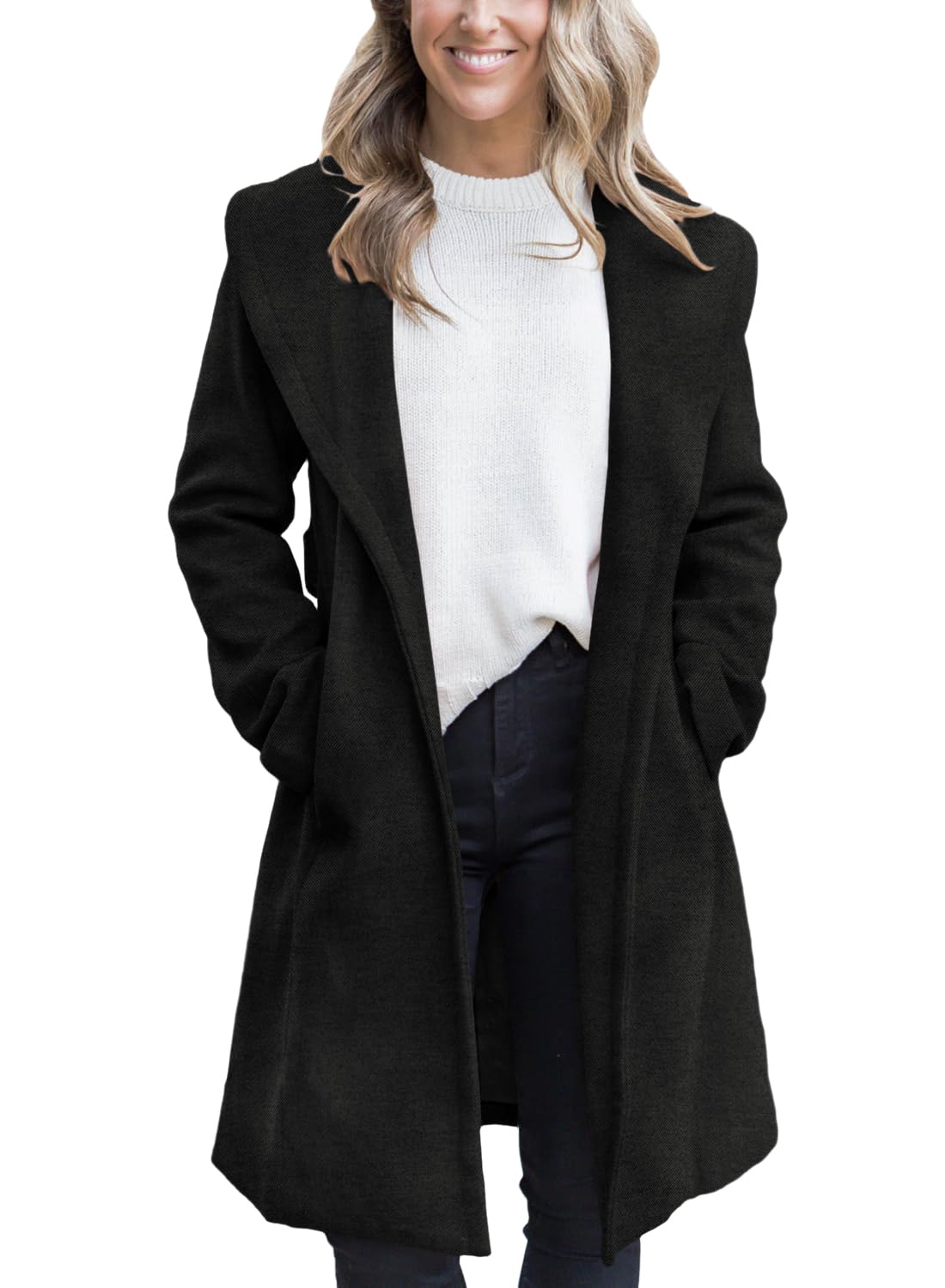 Photo 1 of Fazortev Women's Winter Pea Coat Big Lapel Open Front Long Jackets Belted With Pockets