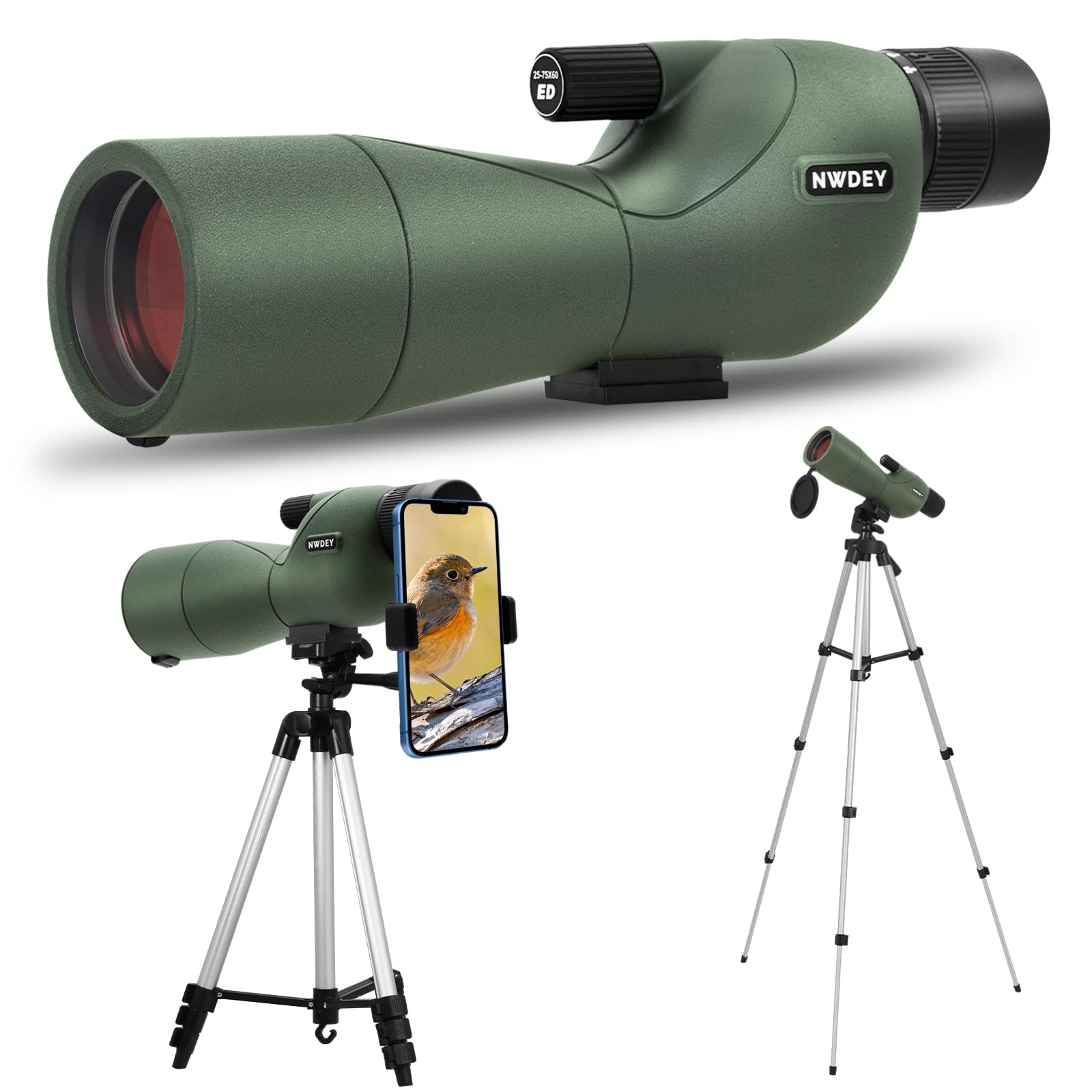 Photo 1 of NWDEY 25-75X60 Spotting Scope with 51in Tripod, Spotting Scopes for Target Shooting, Hunting, Birding. Low Light Vision, Phone Adapter, Carry Bag, BAK4 Prism, FMC Lens, Waterproof (ArmyGreen)