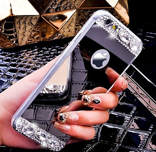 Luxury Mirror Phone Thin Case For iPhone 6 6S 4.7" Inches Bling Diamond Crystal Back Slim Cover Protector Shiny Rhinestone Great Gift For Girls Premium Handmade TPU Flexible Protective (Black)