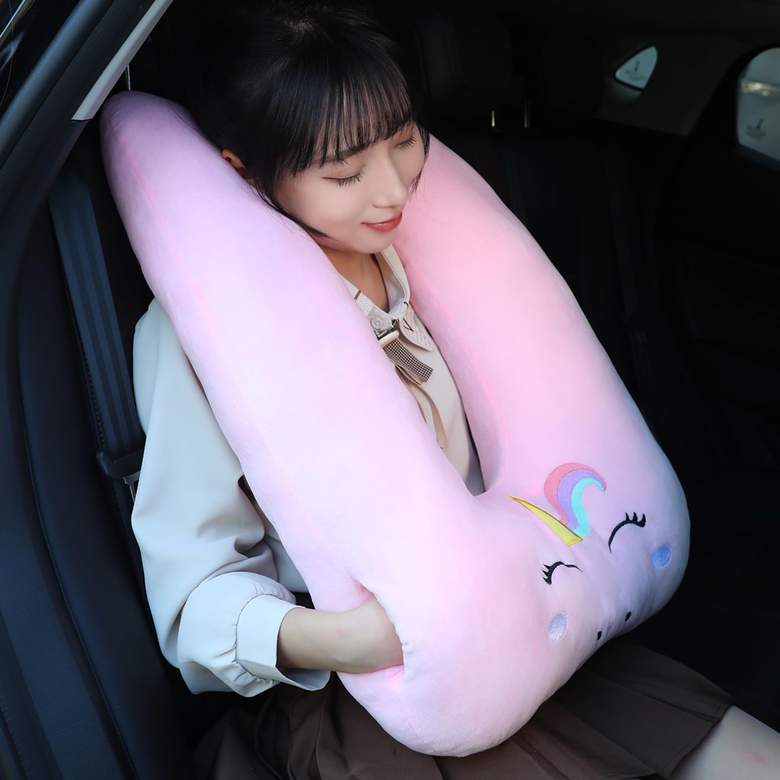 Photo 1 of Kids Travel Pillow for Car Seat with Hand Muff, Soft Neck & Headrest Pillow for Car Road Trips Long-Distance Travel Sleeping Pillow for Adults and Children, Pink Unicorn