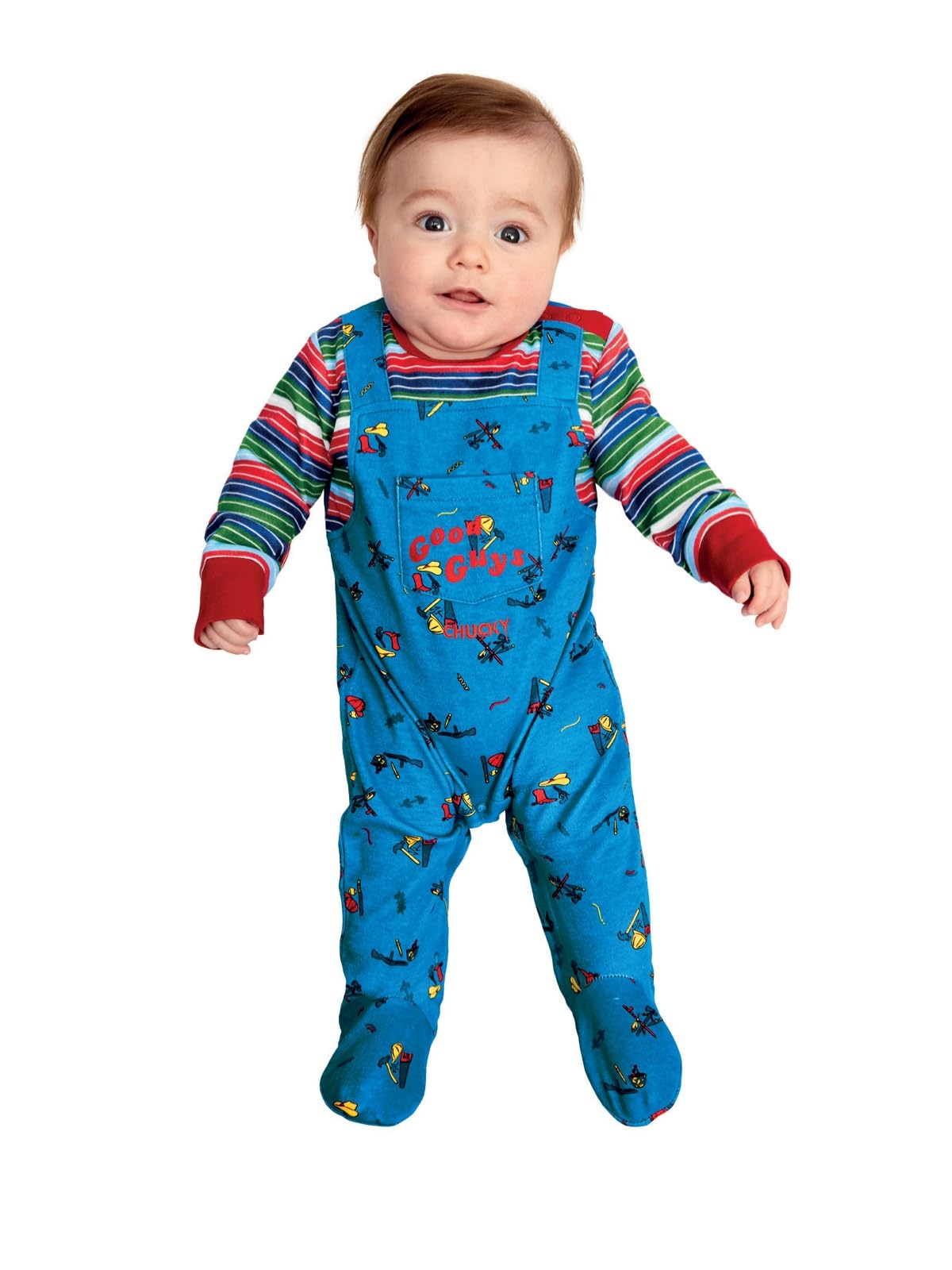 Smiffys Chucky Baby Costume in Blue and Red, All-in-One Bodysuit, Officially Licensed, Printed Iconic Outfit with Good Guy's Patch, Perfect for Halloween and Matching Family Costumes