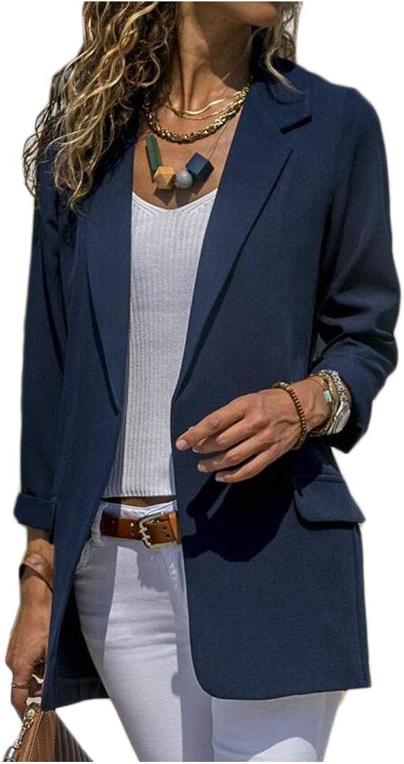 Women Long Sleeve Turn-Down Collar Solid-Colored Thin Blazer Jacket