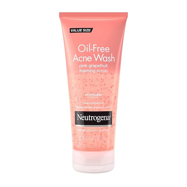 NEUTROGENA OIL FREE PINK GRAPEFRUIT ACNE FACE WASH WITH VITAMIN C, 2% SALICYLIC ACID ACNE TREATMENT, GENTLE FOAMING VITAMIN C FACIAL SCRUB TO TREAT & PREVENT BREAKOUTS, 6.7 FL. OZ