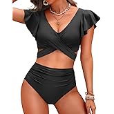 Women High Waist Bikini Sets - Two Piece Ruffle Tummy Control Swimsuits Bathing Suit