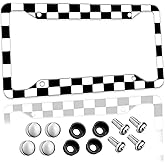 Black and White Checkered License Plate Frame Race Flag Aluminum License Plate Holder Car Tags Decorative Car Accessories with Screws for Women Men Fit Standard Us Canada Vehicles 12.3x6.3 inch