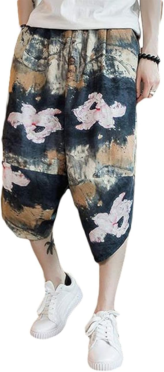 Amazon サルエルパンツ メンズ ワイドパンツ リネン ガウチョパンツ 花柄 クロップドパンツ カジュアルパンツ 大きいサイズ メンズ短パン 綿 麻 ゆったり パンツ 通販