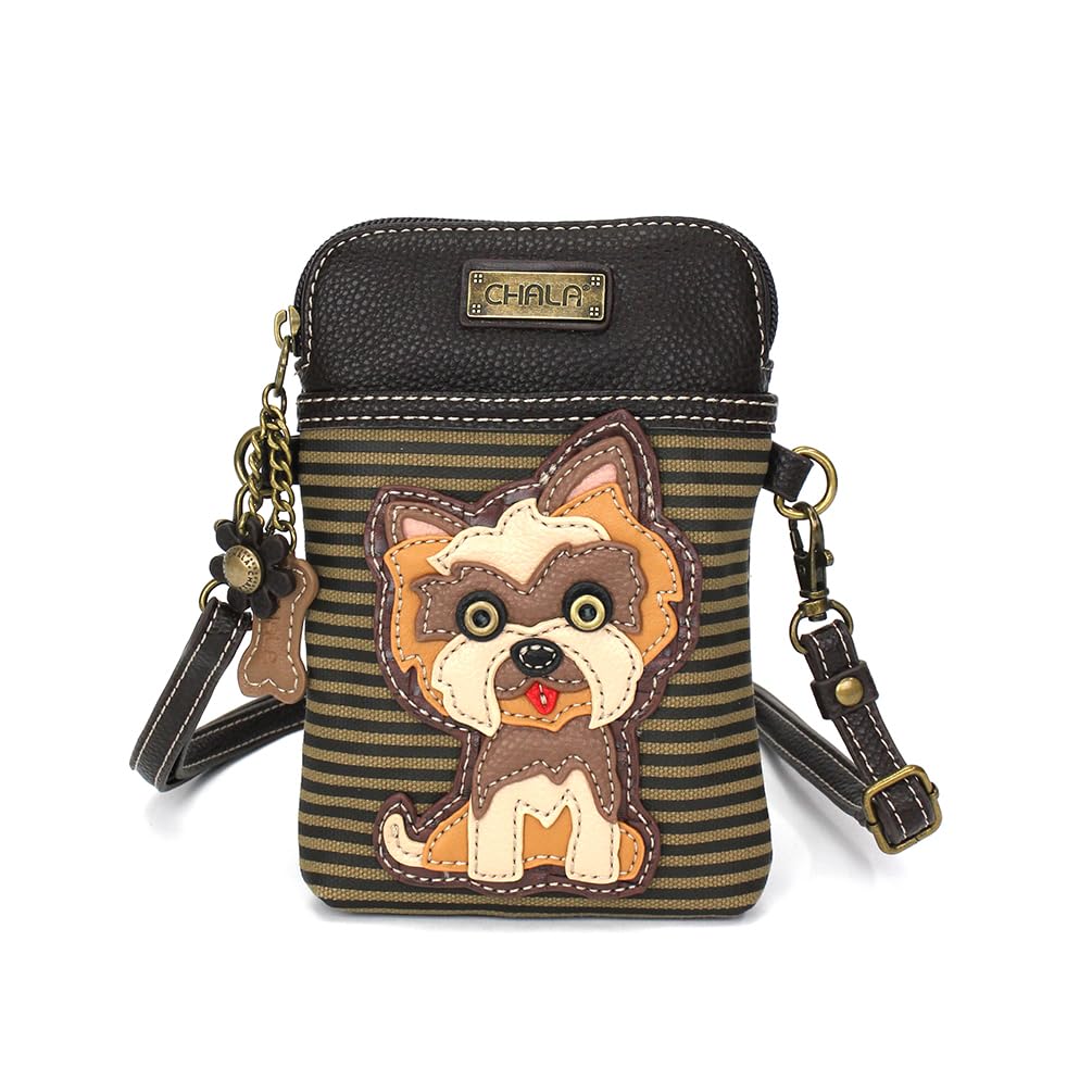 CHALA Crossbody Cell Phone Purse - Women PU Leather Multicolor Handbag with Adjustable Strap, Brown/Grey Striped Yorkshire