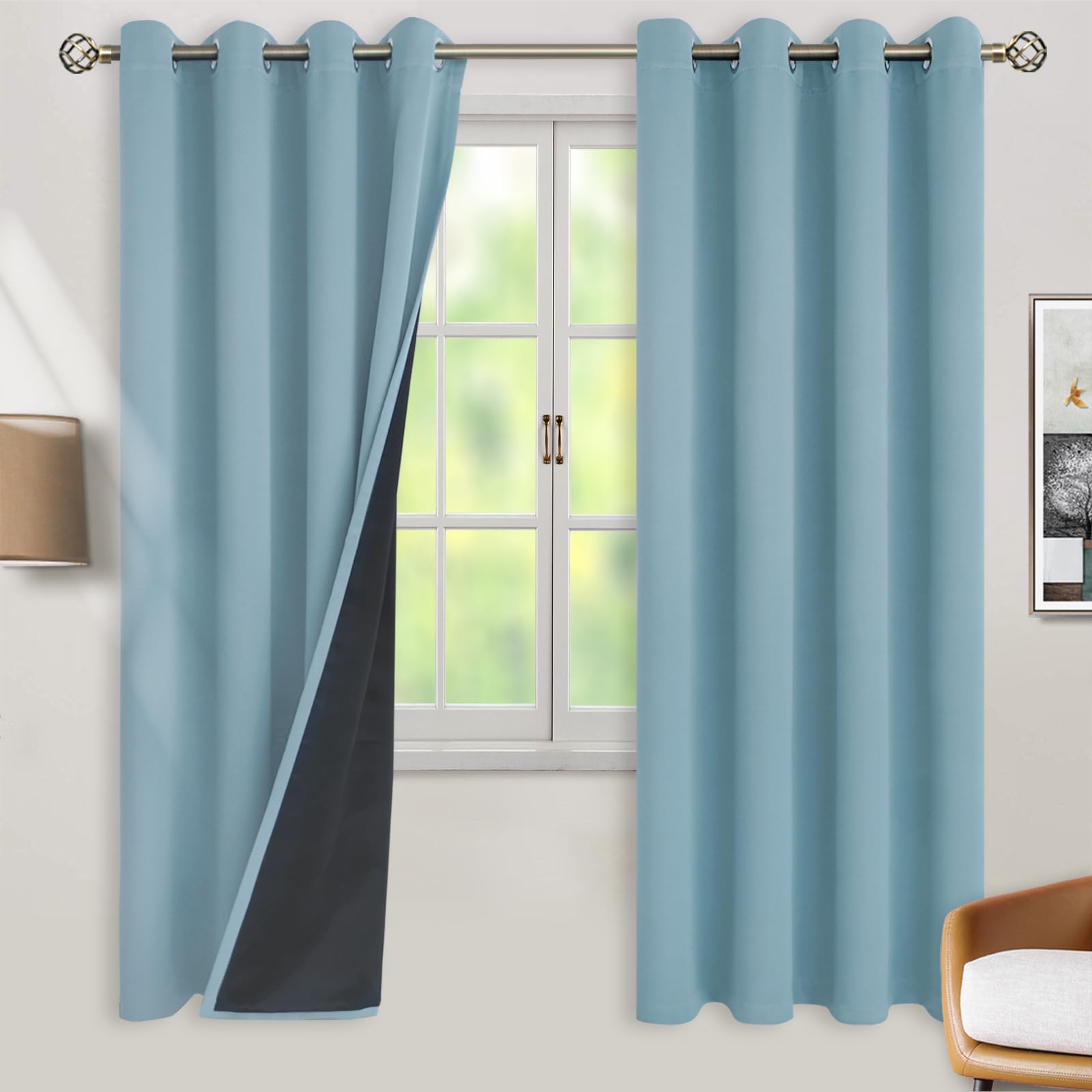 BGment Thermal Insulated 100% Blackout Curtains for Bedroom with Black Liner, Double Layer Full Room Darkening Noise Reducing Grommet Curtain (52 x 72 Inch, Greyish Blue, 2 Panels) Image