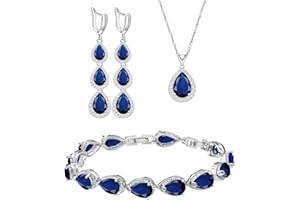 LMXXVJ Necklace Long Earrings Bracelet Set, White Gold Plated Created Blue Sapphire Jewelry Set Wedding Party Gift Jewelry for Women Bridal Bridesmaid