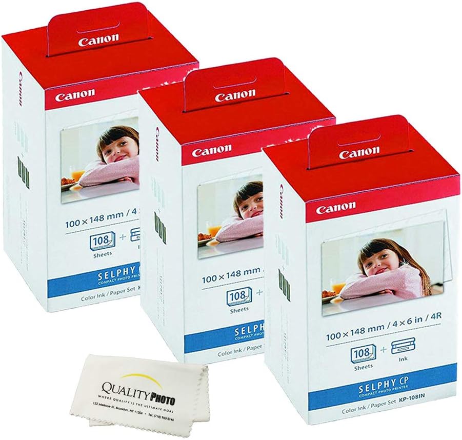 Canon KP-108IN -3 Pack- 3 Color Ink Cassette, 324 Sheets 4 x 6 Paper Glossy for SELPHY CP1300, CP1200, CP910, CP900, CP760, CP770, CP780 CP800, Microfiber Cloth