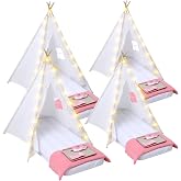 Windyun 4 Pack Kids Sleepover Teepee Tent Set Air Mattresses,White | Girls Slumber Party Tents with Fitted Sheets, Blankets, Star Lights, Trays for Pajama Birthday Party Movie Nights