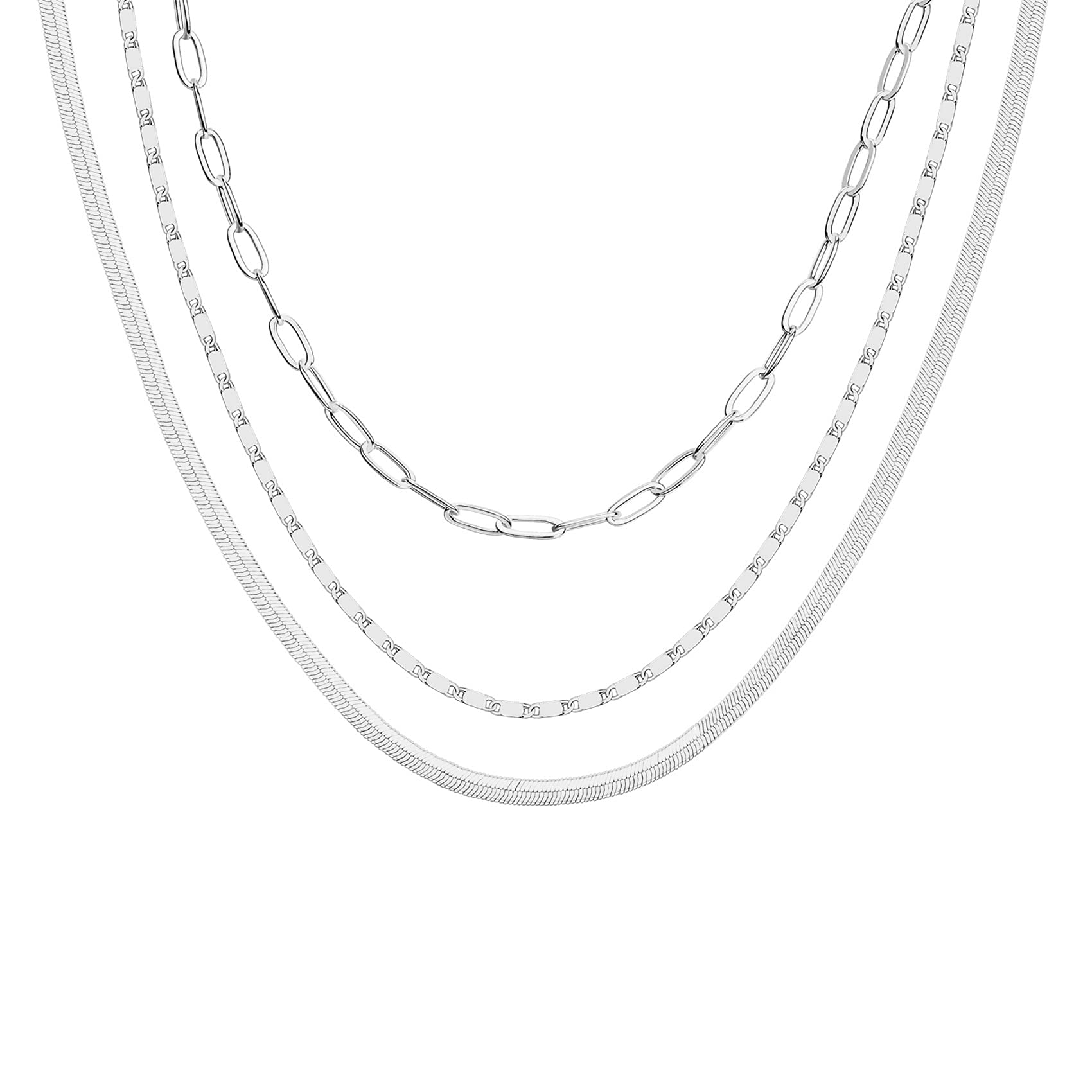 PAVOI 14K Gold Plated Layered Chain Necklace for Women | Layering Necklace (Triple, White Gold Plated)