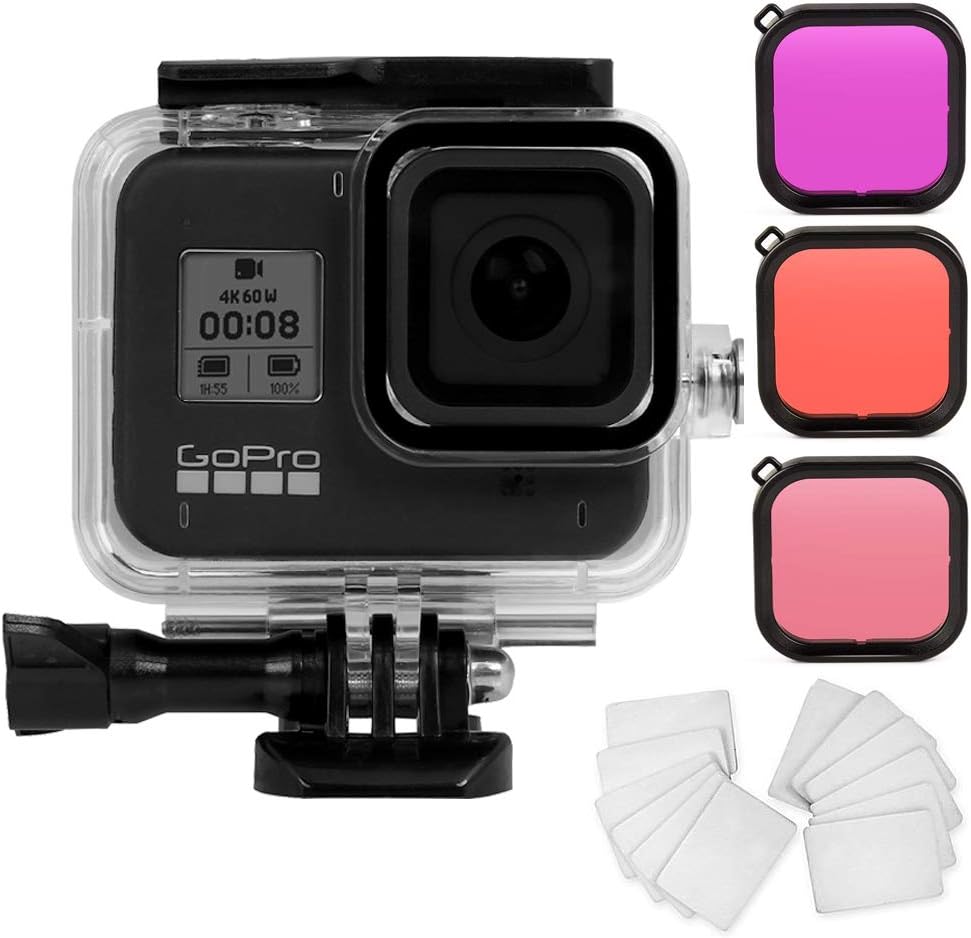 Meknic Waterproof Case for Gopro Hero 8 Black Kits with 60M/196FT Waterproof Protective Housing Diving Case Accessories + 3 Pack Diving Filters+ 12 PCS Anti-Fog Insert Kits for Gopro Hero 8 Action Cam