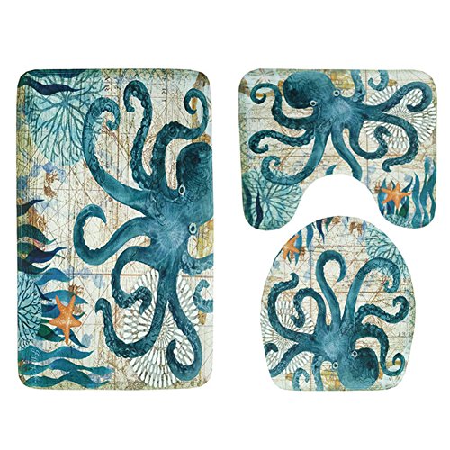 3 Pieces Soft Flannel Bathroom Mat Set Non-Slip Bathroom Rug Contour Mat Absorbent Toilet Mat Lid Cover Set Octopus - Thumbnail 5