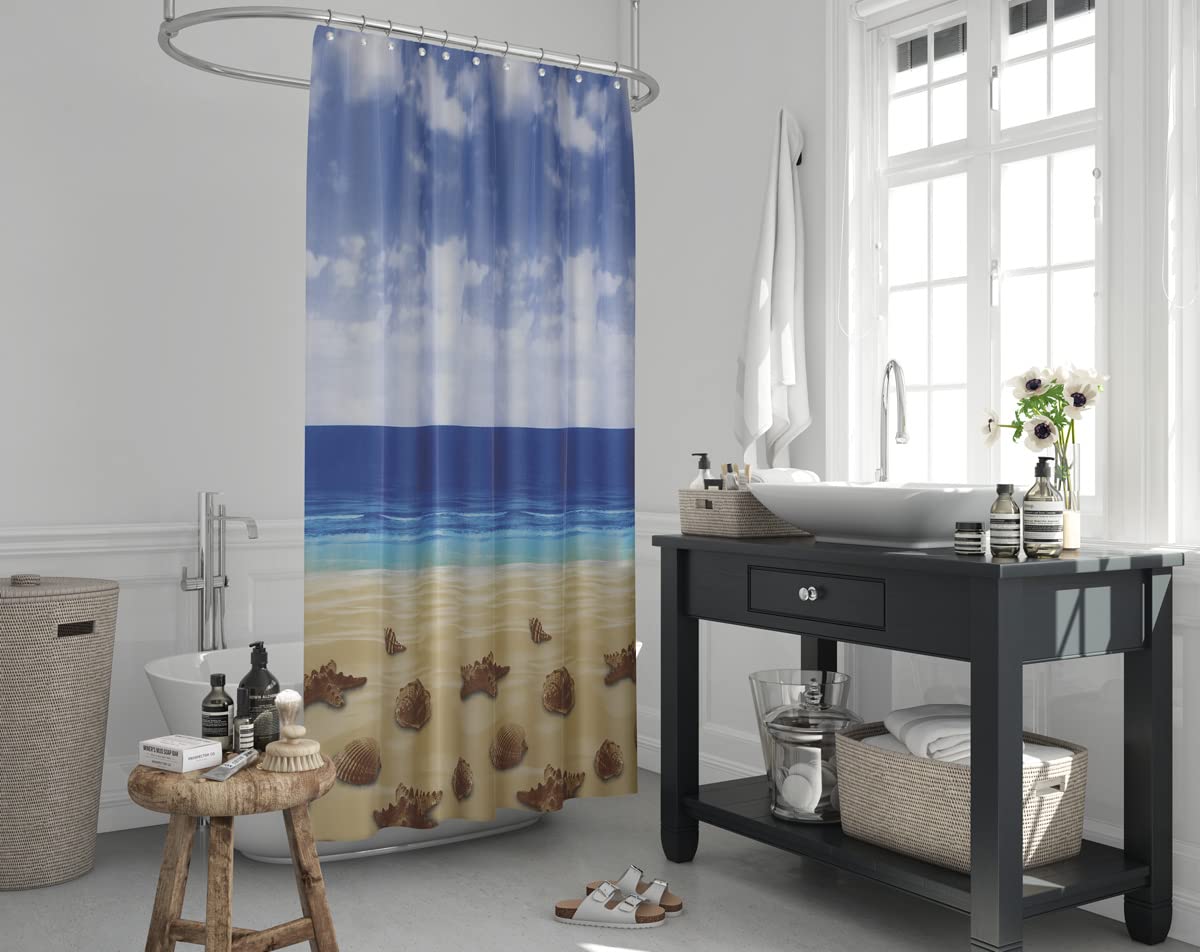 Beytug Extra Long and Wide Fabric Bathroom Shower Curtain, 240CM Wide by 200CM Drop, Starfish and Shells on the Beach