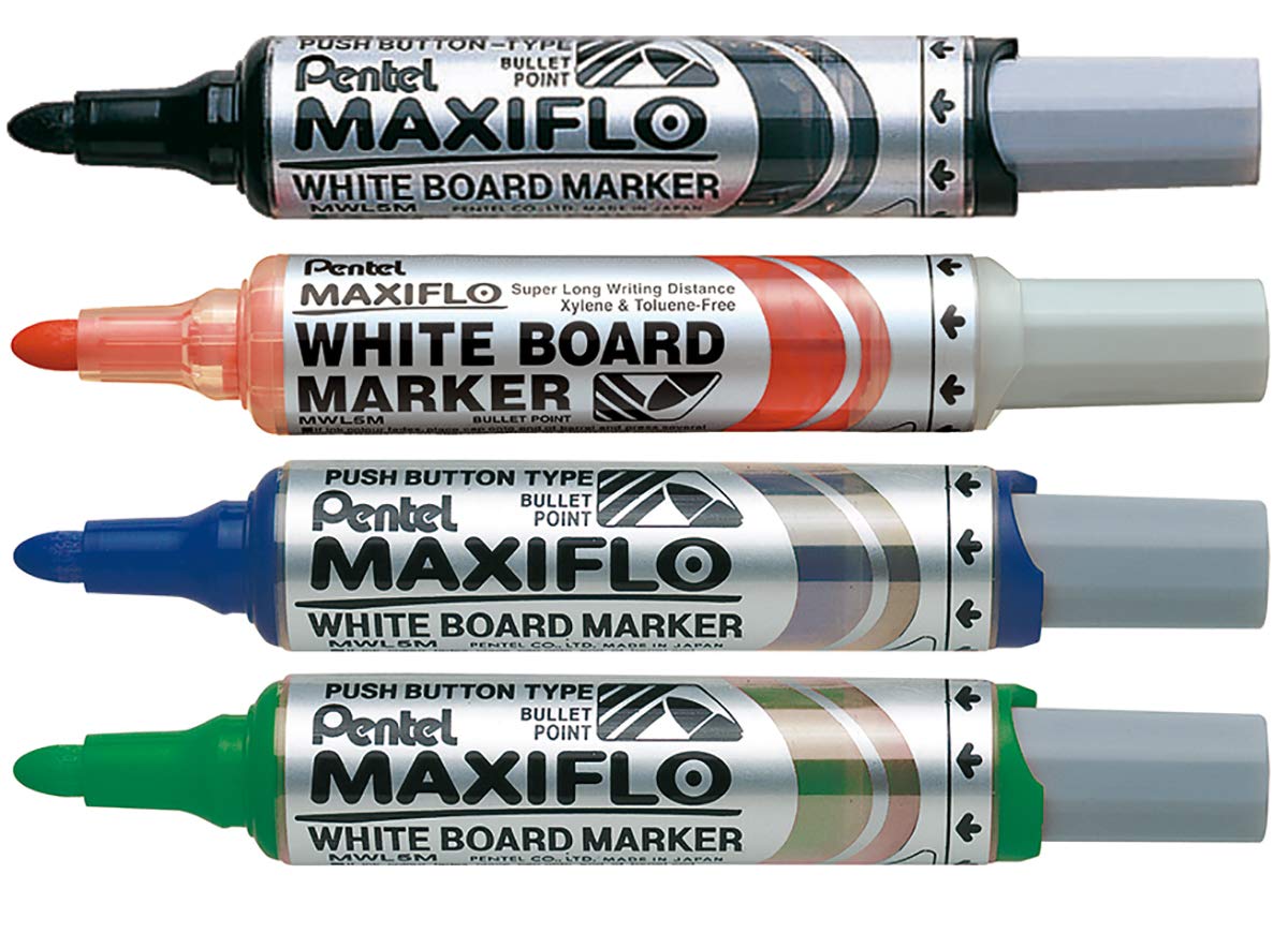 Pentel 6.0mm Bullet Tip Wallet 4 Maxiflo White Board Marker Liquid Ink Marker - Black/Red/Blue/Green, YMWL5M-6 — image 1