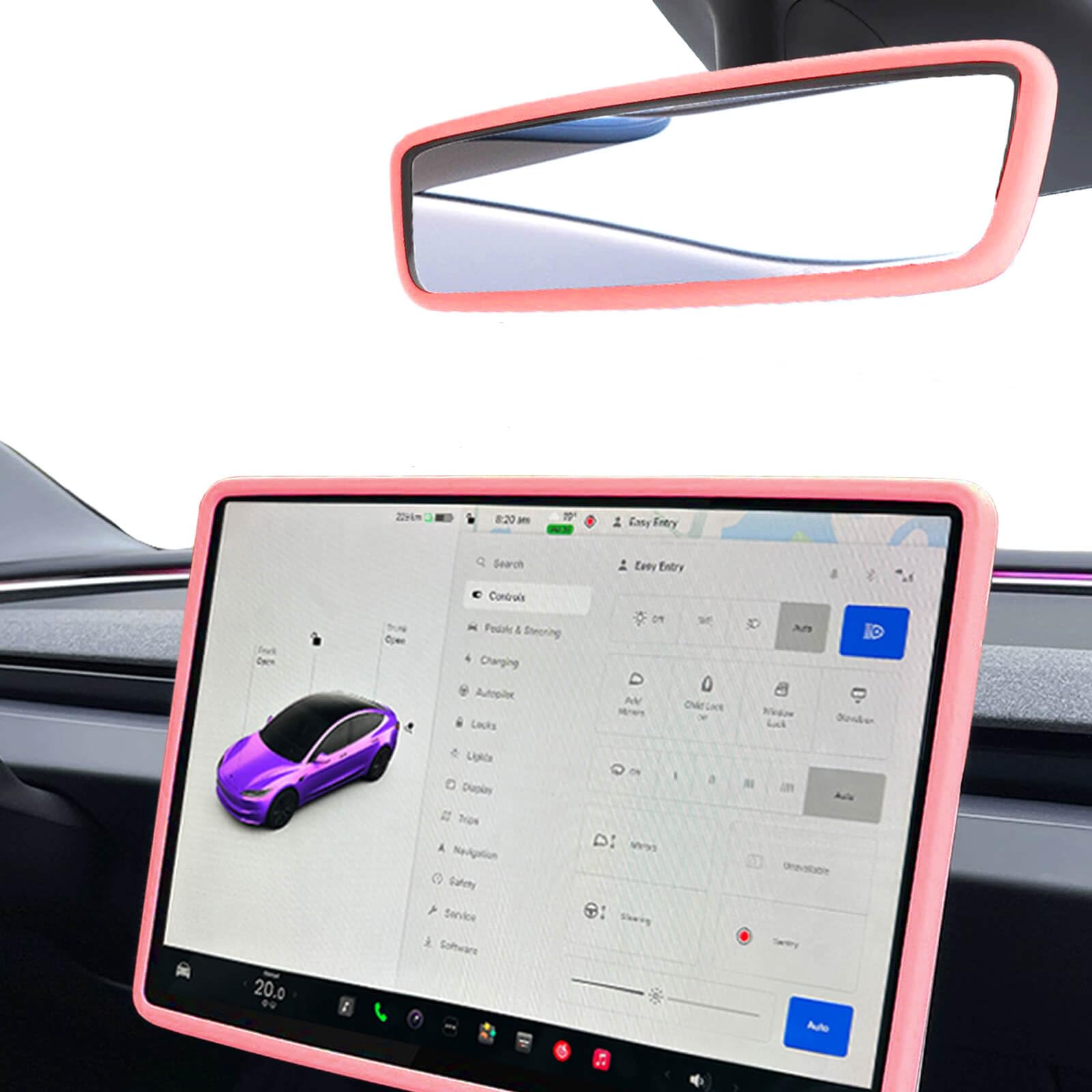 Photo 1 of Yeapop 2Pcs Silicone Protector Frames of Screen and Rear View Mirror for Tesla Model 3 2024 Highland and Model Y 2025 Juniper. (Pink)