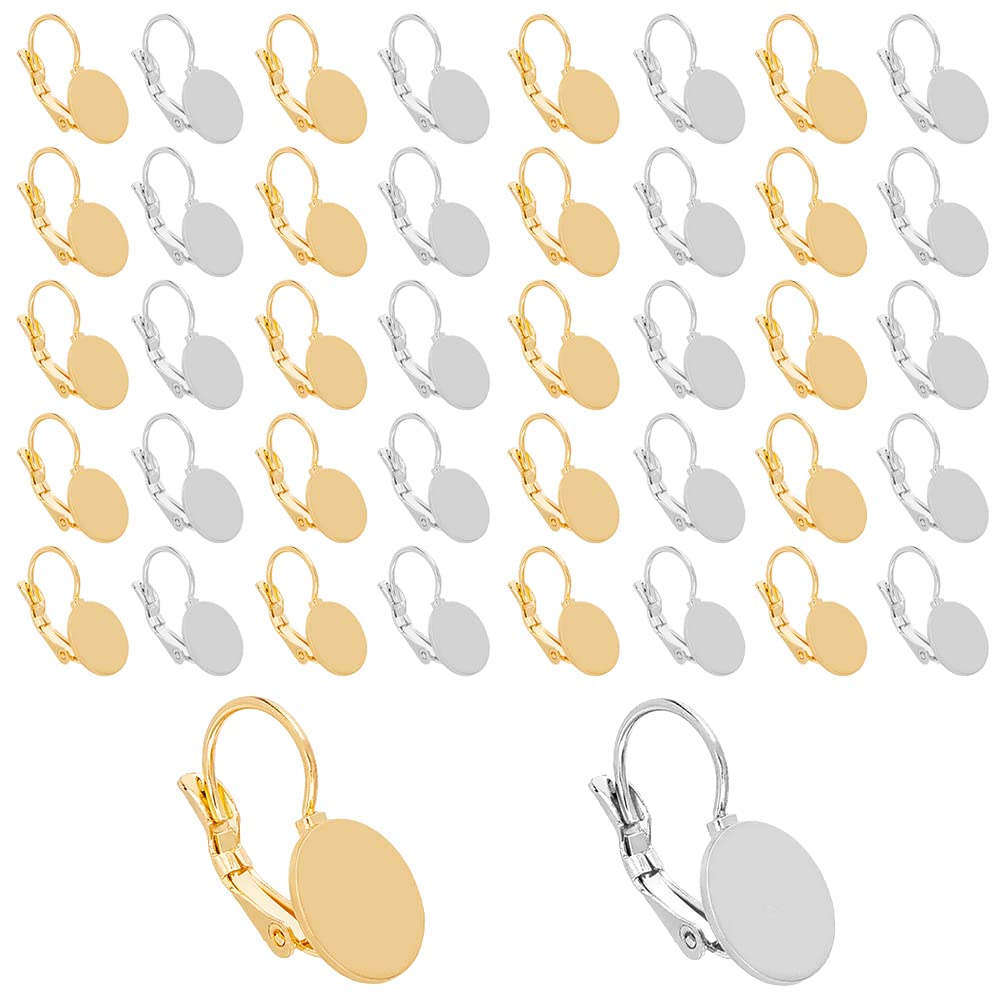 DICOSMETIC 40Pcs 2 Colors Blank Bezels Clip on Earrings Stainless Steel Leverback Earring Findings Hook Earrings with 10mm Flat Round Cabochon Setting Tray for DIY Earring Making