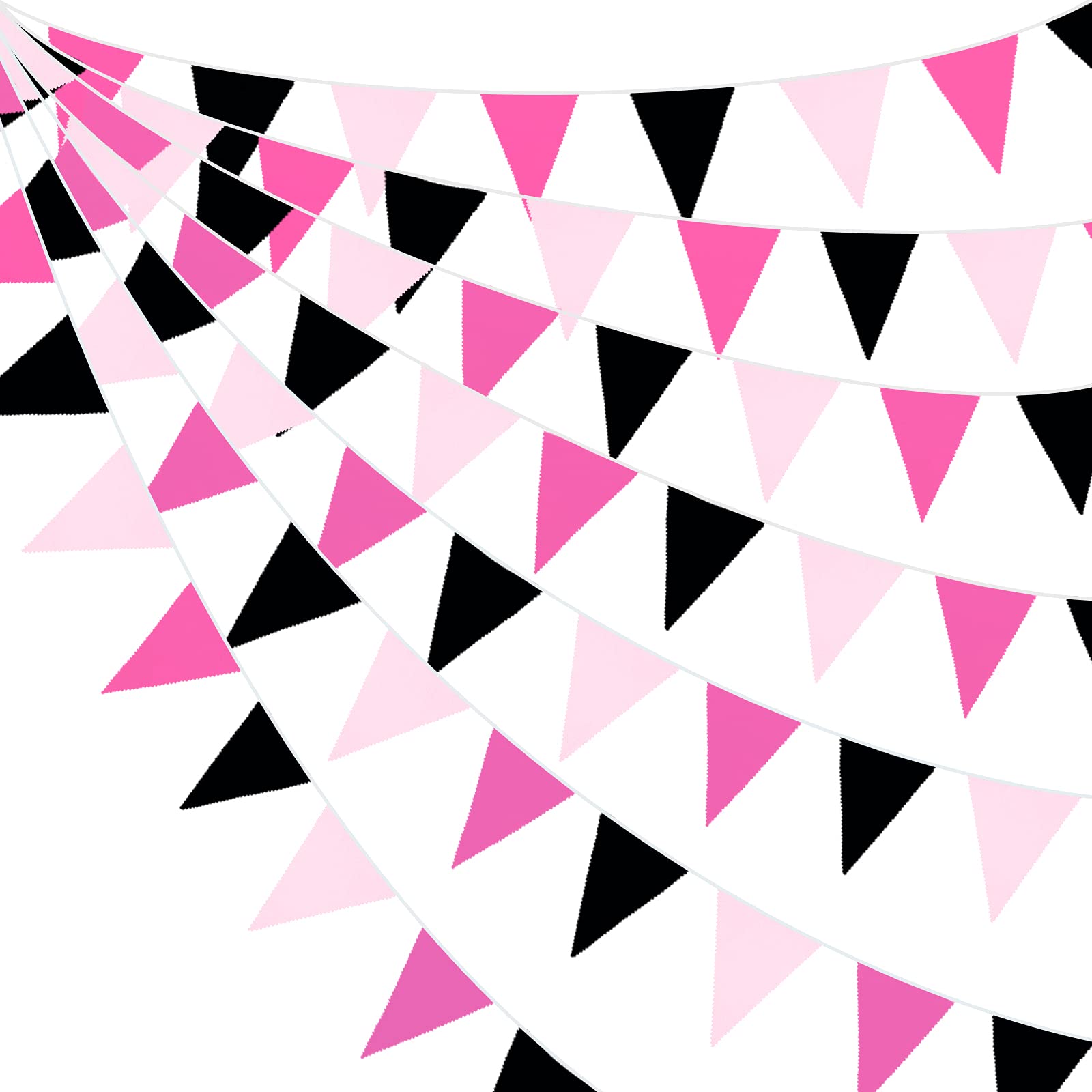 10M/32.8Ft Fabric Bunting Banner Rose Hot Pink Black Bunting Triangle Flag Garland Reusable Pennant for Birthday Wedding Baby Shower Anniversary Hen Nursery Festivals Minnie Theme Party Decorations