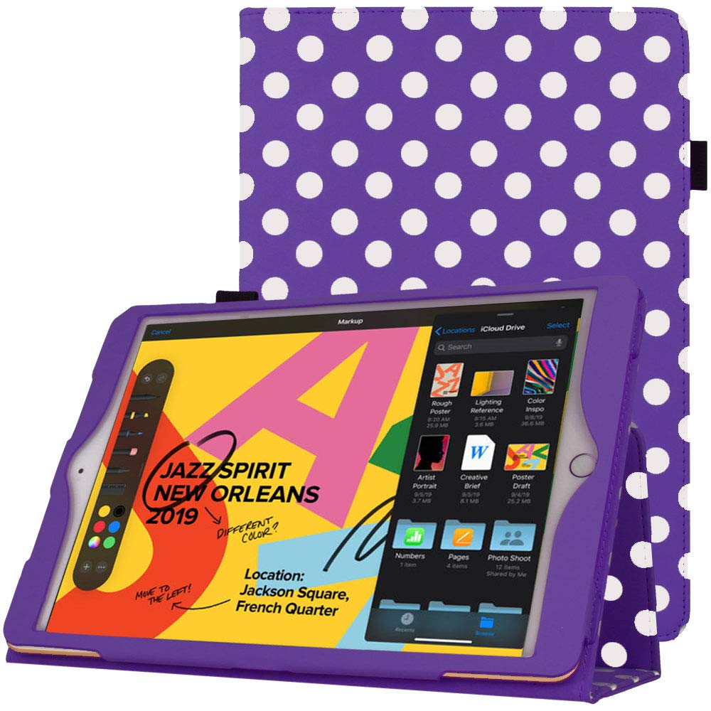 TECHGEAR Leather Case for Apple iPad 10.2" 2021/2020 / 2019 [9th / 8th / 7th Generation] Premium PU Leather Slim Folio Case Cover with Stand, Hand Strap & Auto Sleep/Wake Function [Purple Polka]