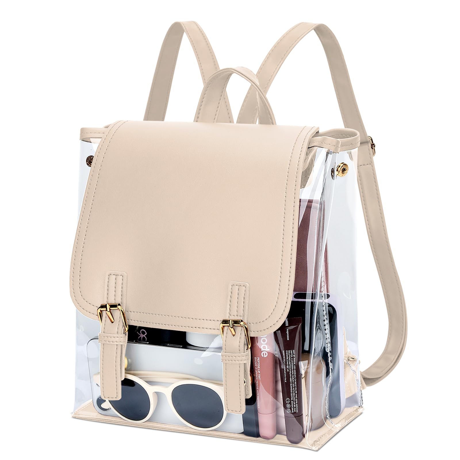 Photo 1 of KKXIU Girls Clear Backpack Stadium Approved Transparent PVC Women Clear Bookbag with Leather for Sports Event, Concert (Beige)
