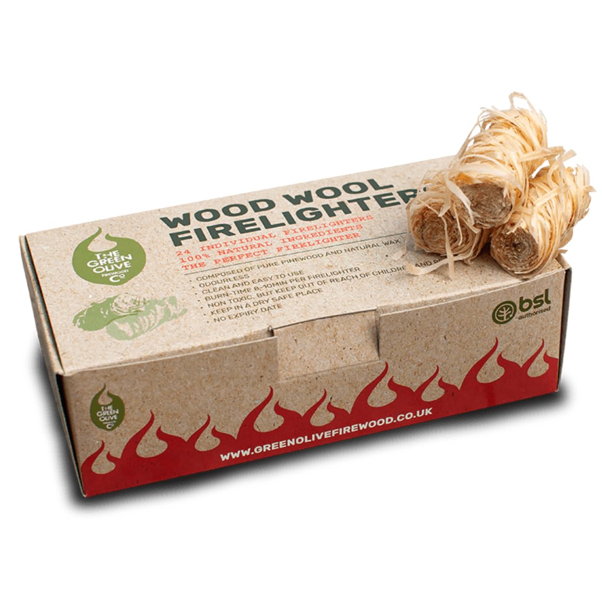 Green Olive Firewood Company - 24 Natural Firelighters for Wood Burners, Log Burners, Stoves, Pizza Ovens, Eco Wood Wool Fire lighters for Lighting Charcoal BBQs, Camping, Open Fires, Fireplaces