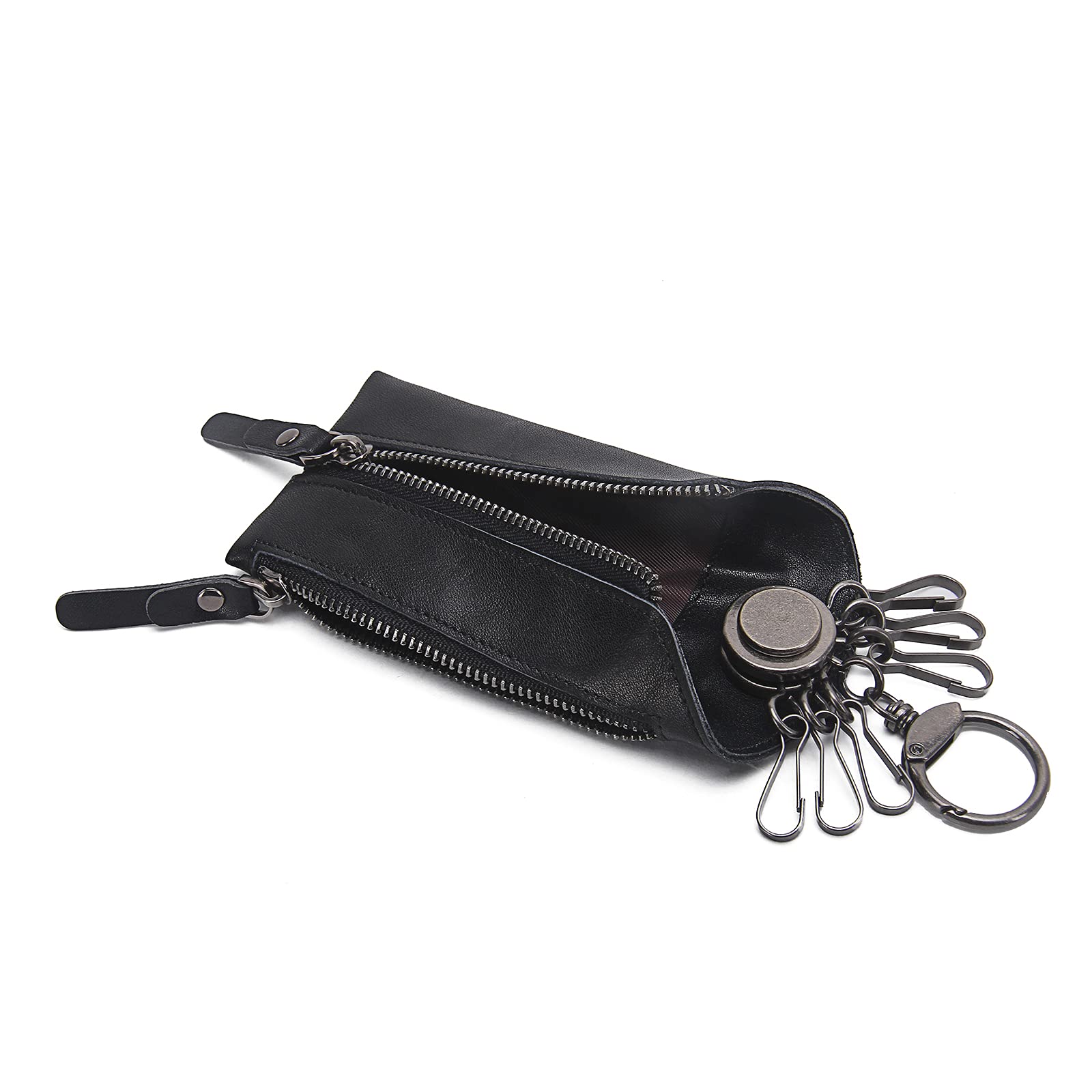 Contacts Genuine Leather Key Case with 6 Hooks,Key Chain Wallet Purse with Zip Pocket,Multi-Functional Zipper Key Case Wallet for Men/Women