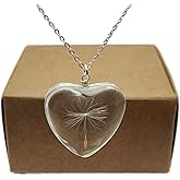 Dandelion Make a Wish Real Flowers Big Heart Love Glass Pendant 925 Sterling Silver Necklace for Women Handmade