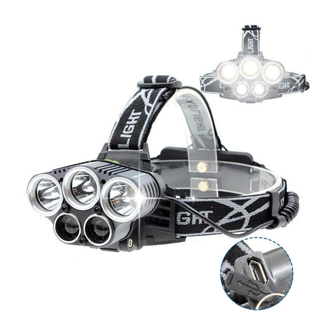 Headlamp 5 LED XM-L T6 XPE 15000lm Headlight Free hand Flashlight LED USB Headlamp Camp Hike Emergency Light Fishing Outdoor+USB Cable Charger+2x 18650 Batteries
