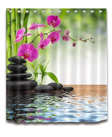 LB Spa Frühling Duschvorhang Bambus Orchidee Schwarz Stein Bad Vorhang 150x180cm Wasserdicht Polyester Stoff Wohnaccessoires 